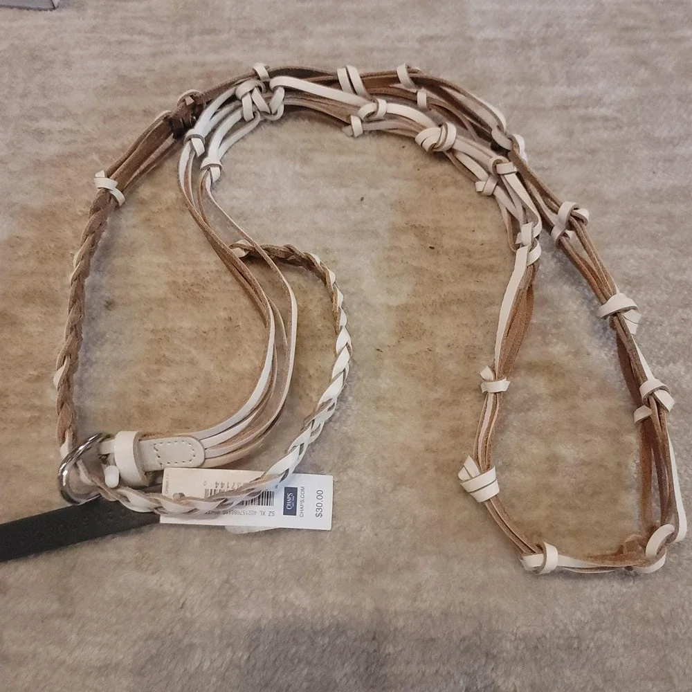 NWT Chaps Braided Leather Belt White Tan Knotted Accent Silver Buckle Women's XL